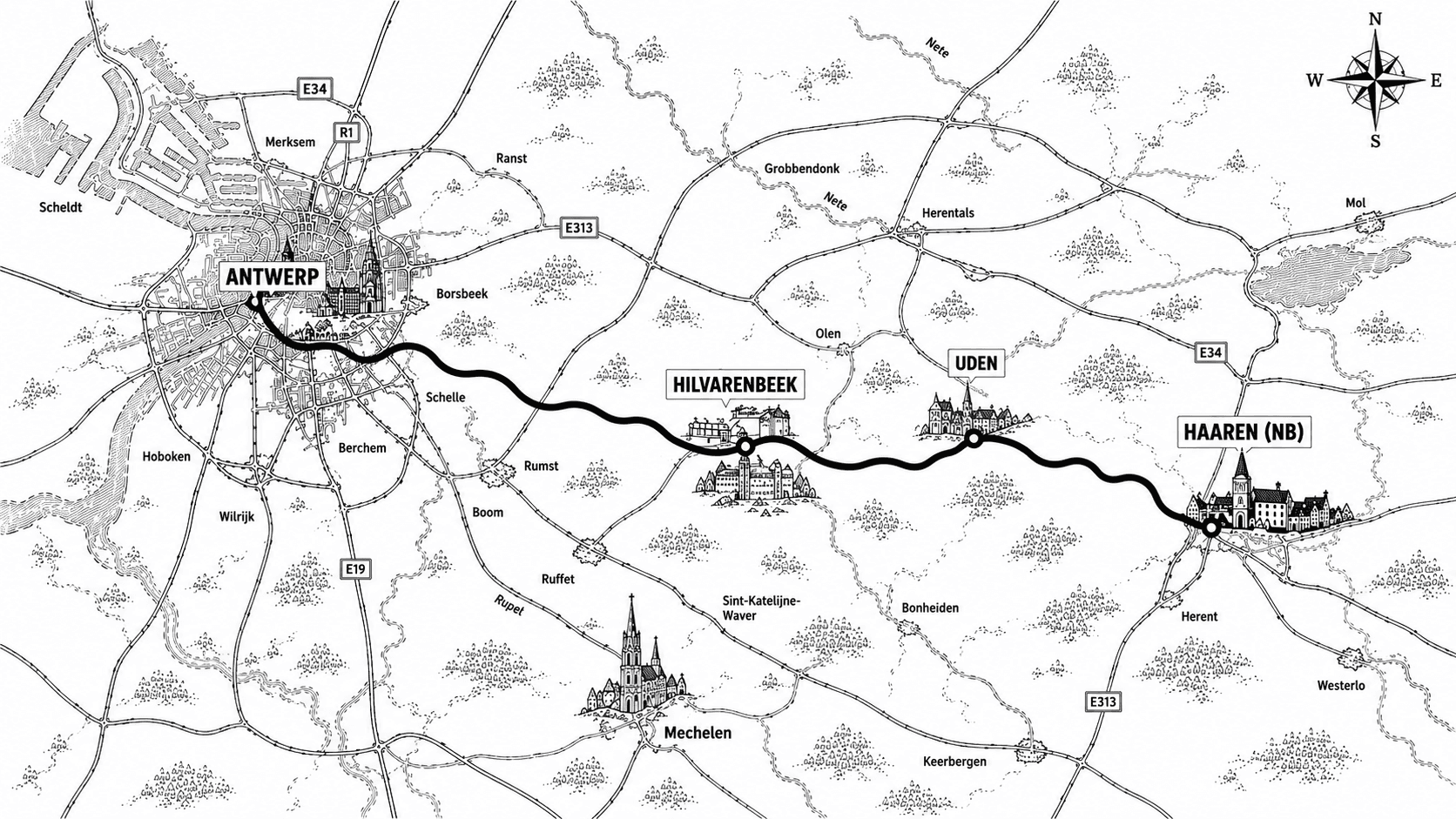 Illustrated route map between Antwerp, Hilvarenbeek, Uden and Haaren.
